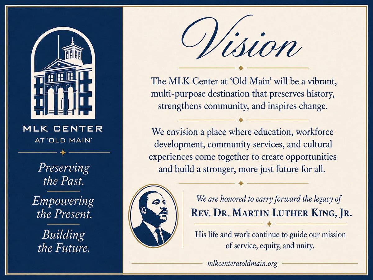 MLK Center at Old Main vision statement with building logo, mission text, and portrait of Rev. Dr. Martin Luther King Jr.