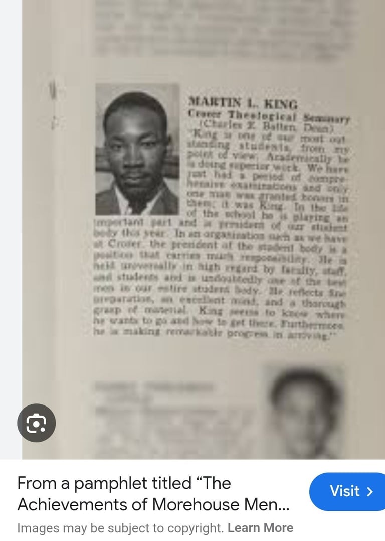 Black and white biographical entry for Martin L. King from a historical pamphlet, featuring his portrait photo and text about his achievements