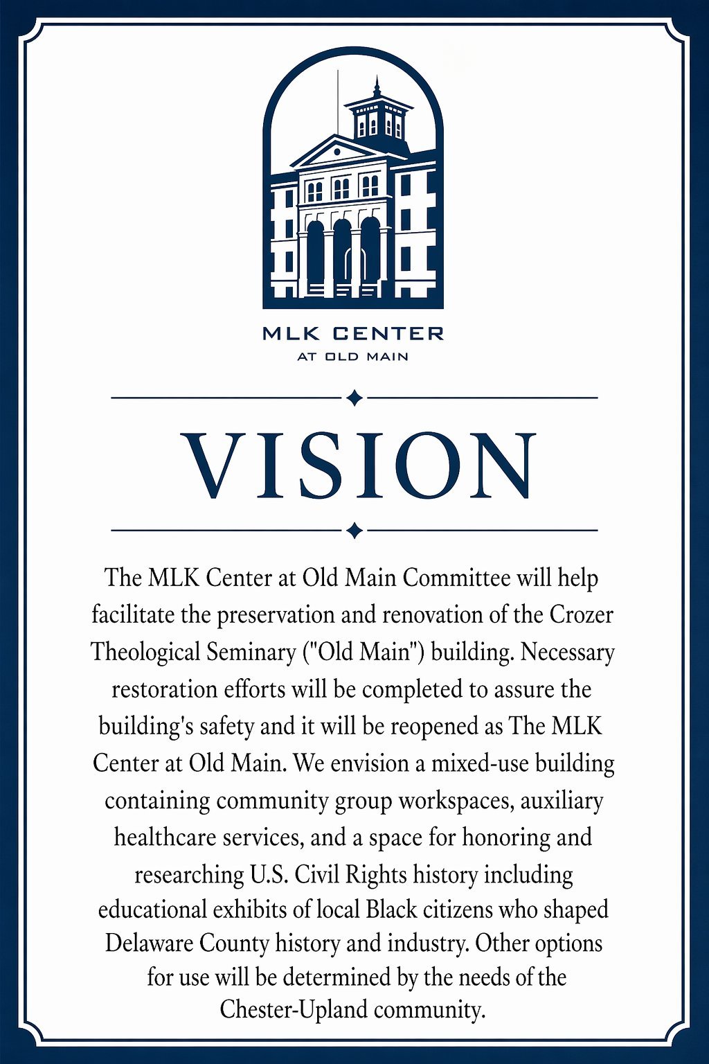 MLK Center at Old Main vision statement with building illustration and community development goals