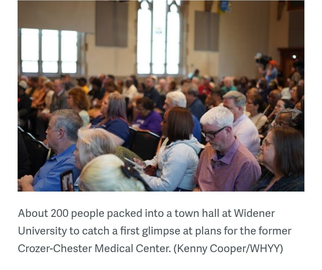 Large crowd of about 200 people gathered in a town hall at Widener University to view plans for the former Crozer-Chester Medical Center