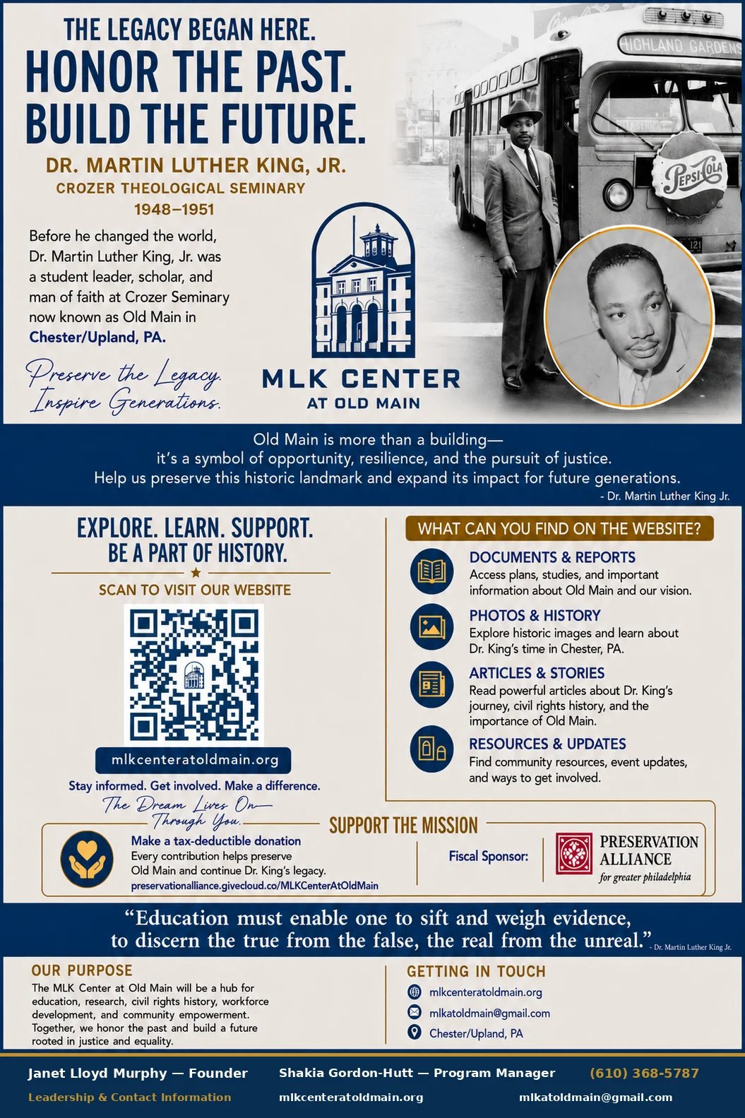 MLK Center at Old Main promotional flyer honoring Dr. Martin Luther King Jr. with historical photos and information about the historic landmark and civil rights legacy
