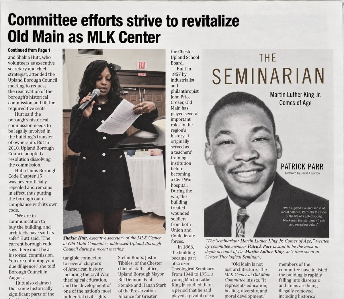 Newspaper article showing woman at podium on left side, and right side displays book cover for The Seminarian by Patrick Parr about Martin Luther King Jr.