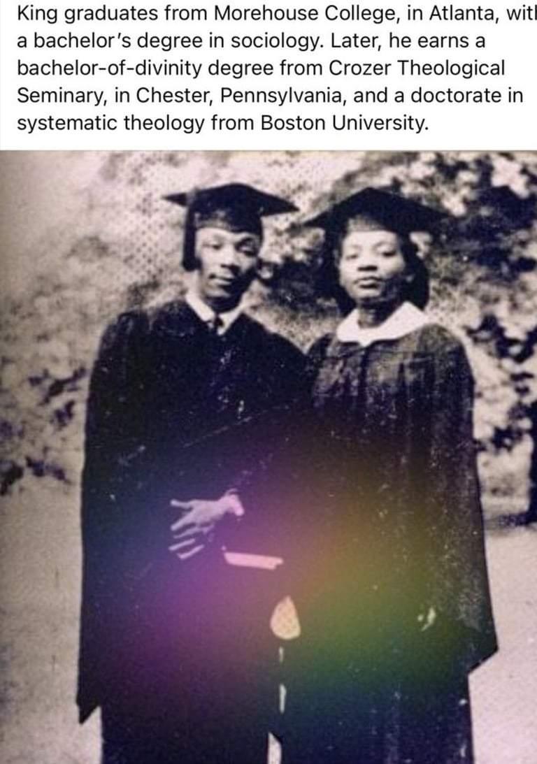 Two graduates in black academic robes and caps pose together in a vintage black and white photograph with a colorful gradient overlay effect